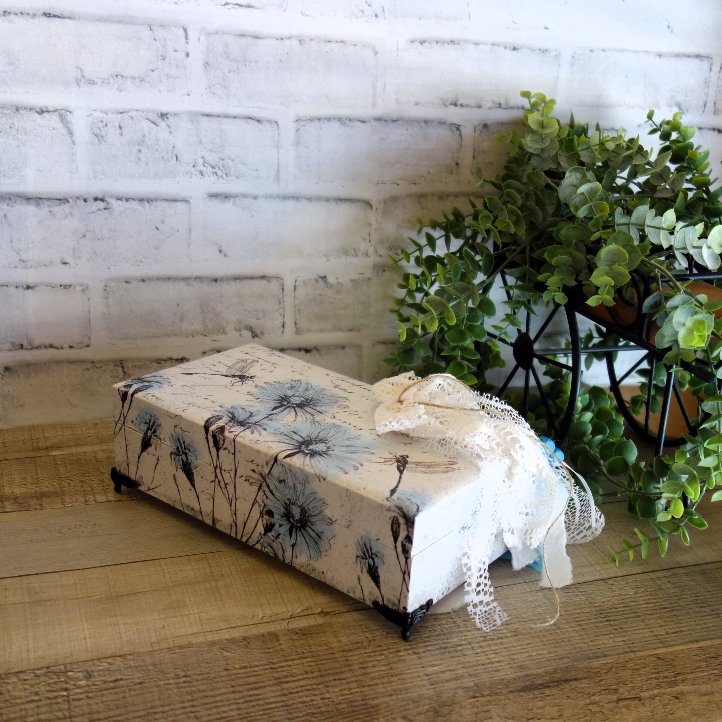 Jewelry Storage Box Vintage Dragonfly Watercolor Blue 2 