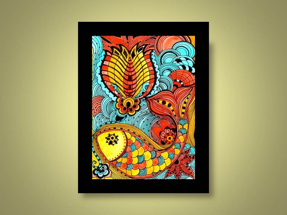 Fish Fine Art Print- Yellow Orange Blue Ink And Acrylic Painting 1 