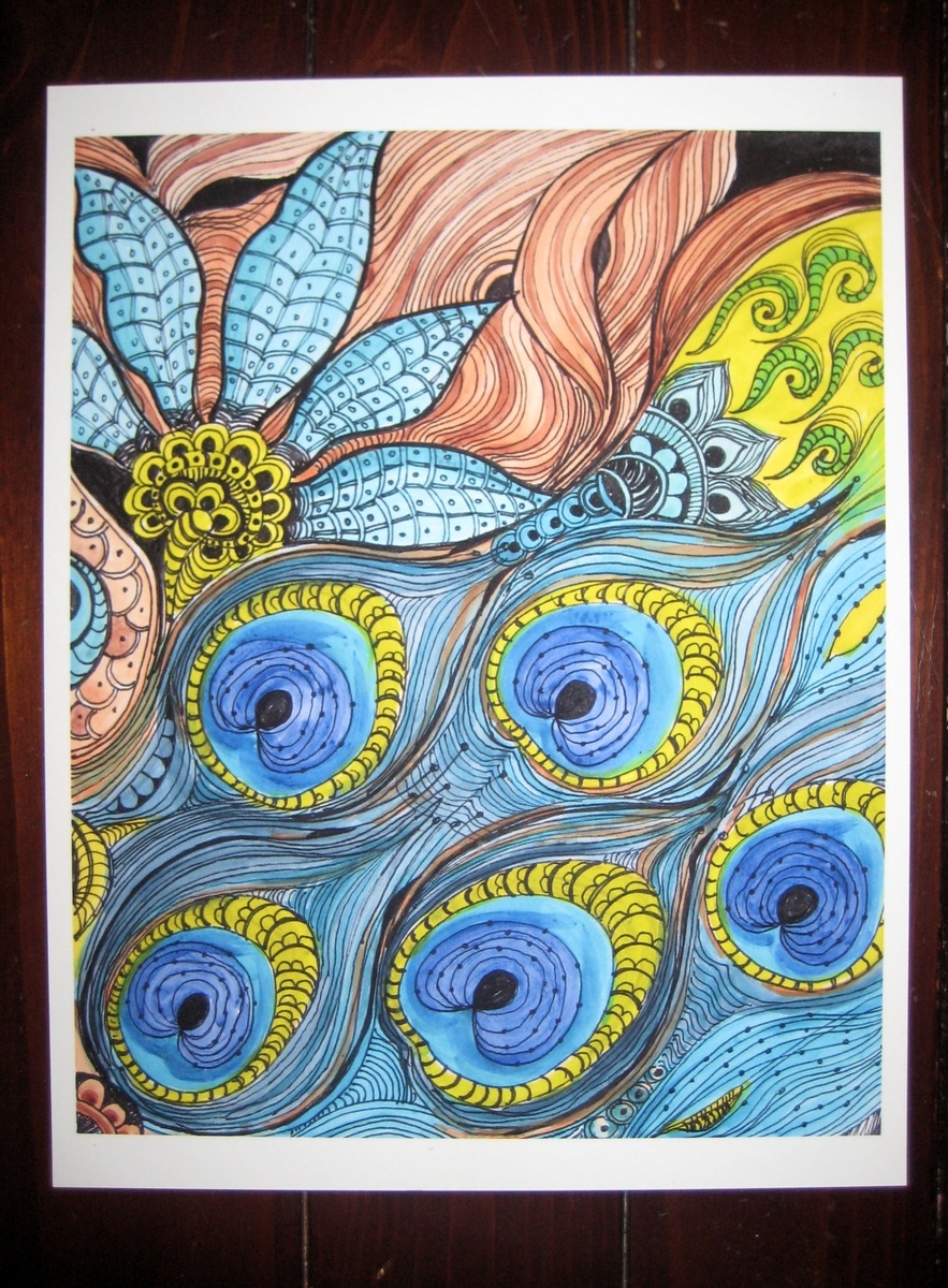 Peacock Fine Art Print-Turquoise Blue Lime Green Ink And Acrylic Painting 2 