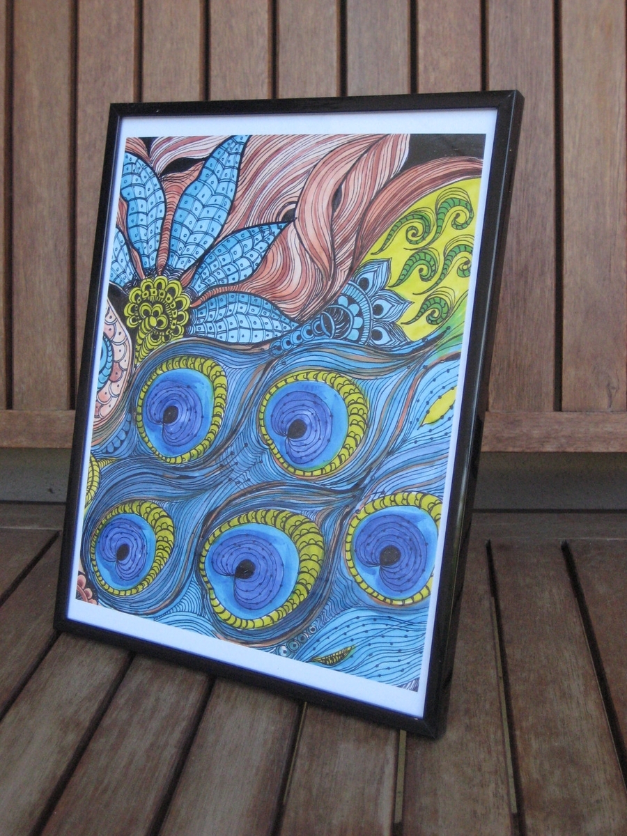 Peacock Fine Art Print-Turquoise Blue Lime Green Ink And Acrylic Painting 4 