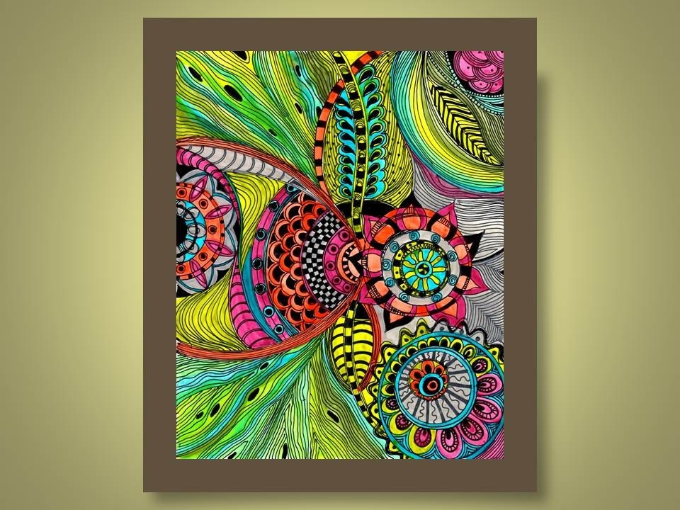 Abstract Art Print-Red Green Yellow Modern Flowers Ink And Acrylic 1 
