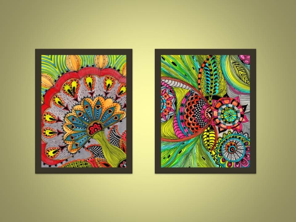 Abstract Art Print-Red Green Yellow Modern Flowers Ink And Acrylic 3 