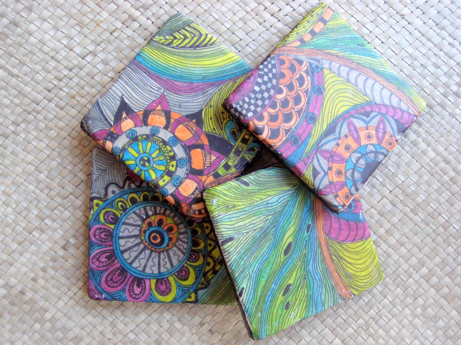 Coasters Handmade Travertine With Original Artwork-Set Of 4 Orange Blue Green Pink