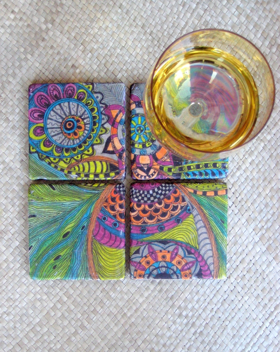 Coasters Handmade Travertine With Original Artwork-Set Of 4 Orange Blue Green Pink 2 