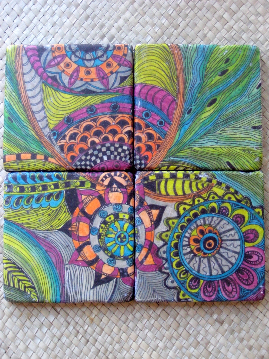 Coasters Handmade Travertine With Original Artwork-Set Of 4 Orange Blue Green Pink 3 
