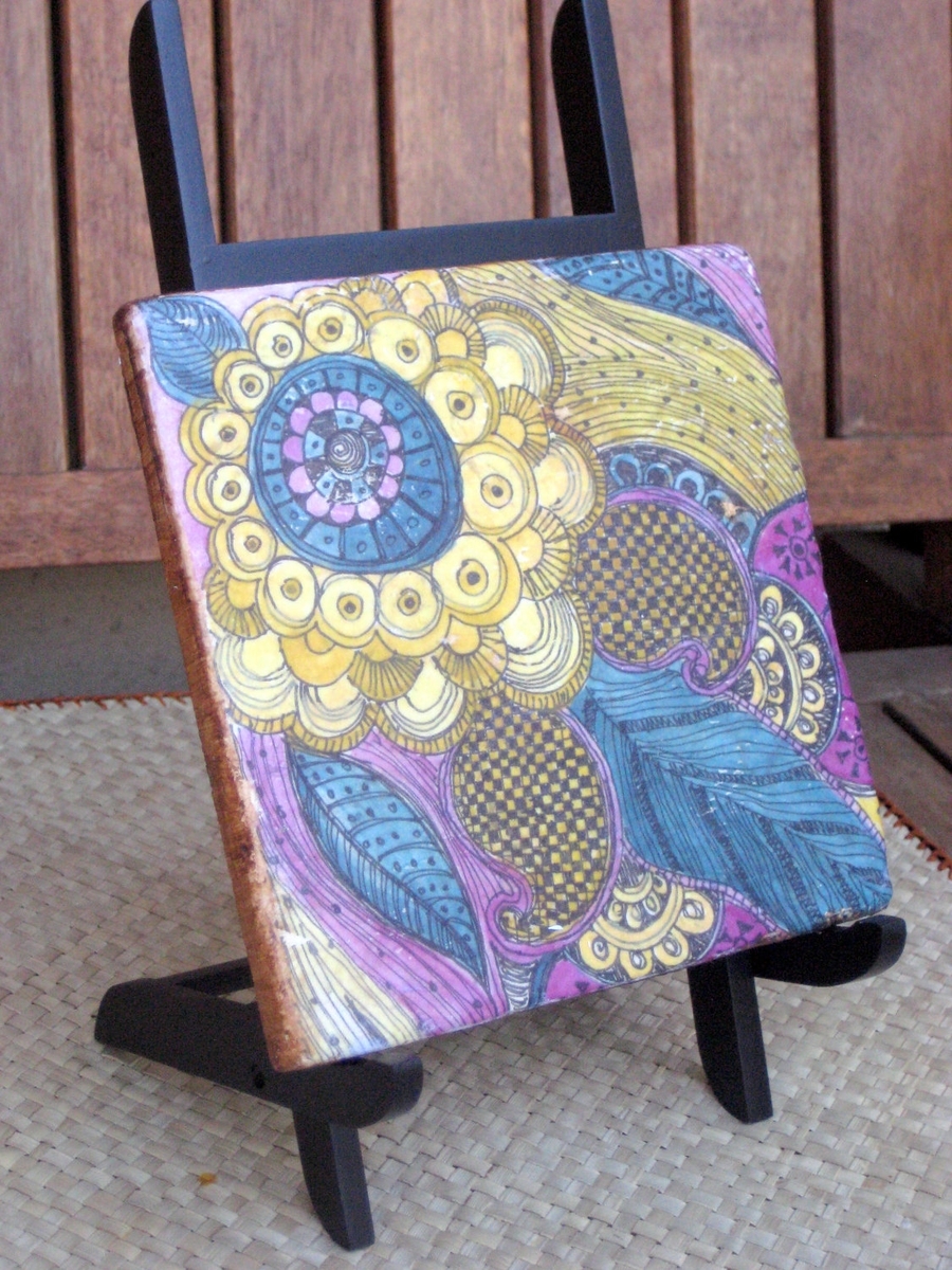 Decorative Stone Tile-6"X6" Handmade With Paisley Design Purple Ochre Blue