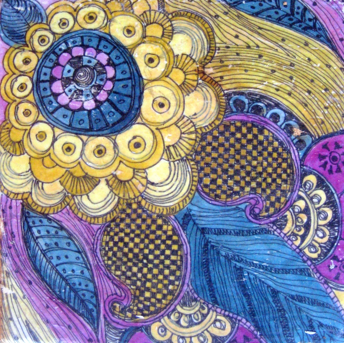 Decorative Stone Tile-6"X6" Handmade With Paisley Design Purple Ochre Blue 3 