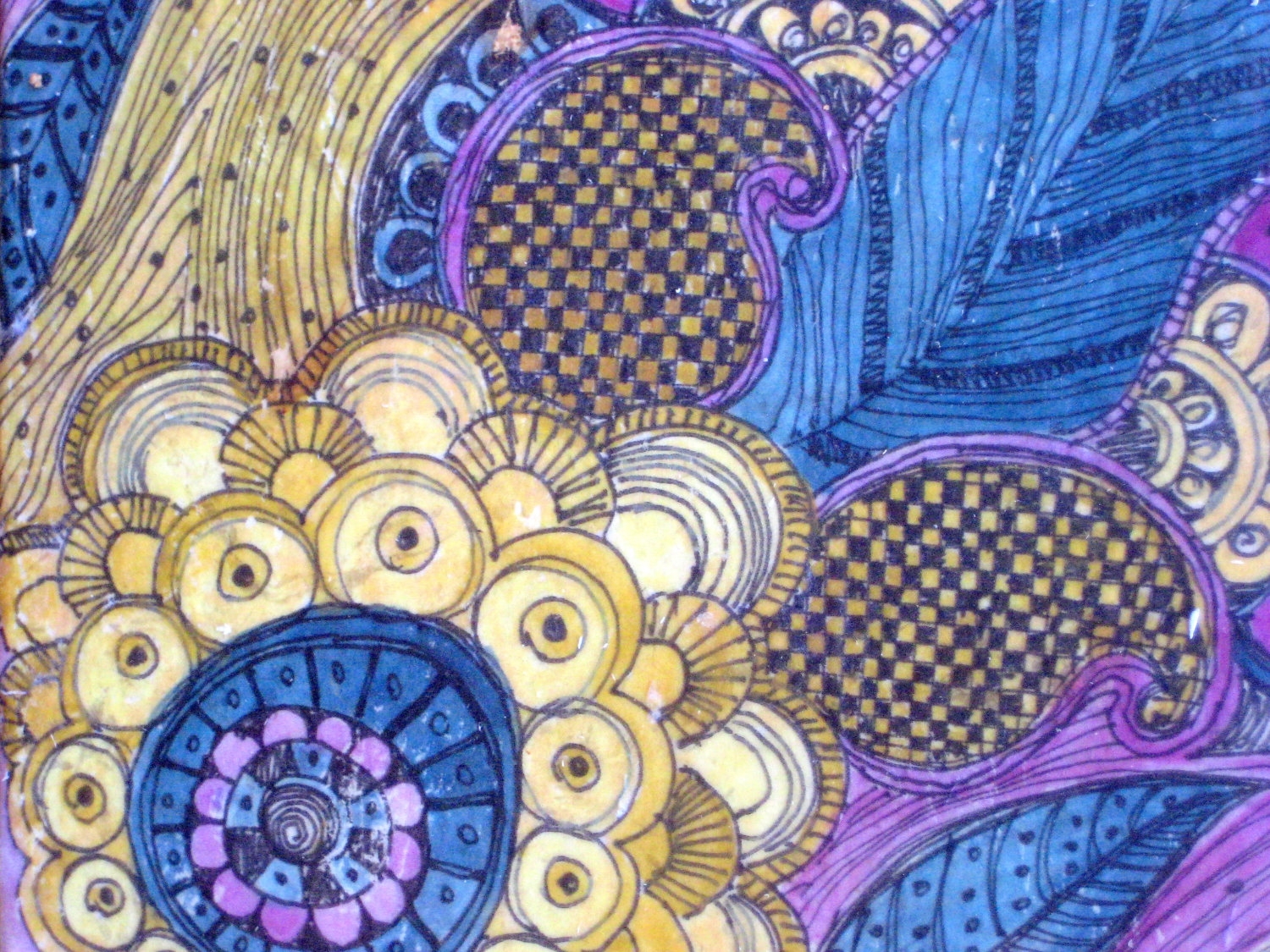 Decorative Stone Tile-6"X6" Handmade With Paisley Design Purple Ochre Blue 4 