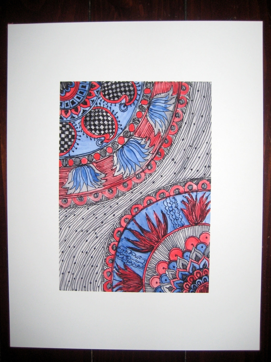 Fine Art Print Reproduction Paisley- 5x7 Black Ink And Acrylic Painting Blue Red Grey By Devikasart 2
