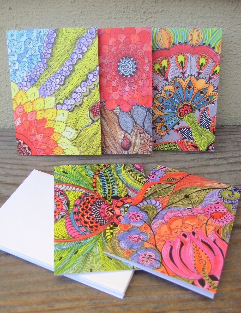 Notecards Bright Colors-Set Of 5 Cards With Artwork Envelopes Included Blank Inside