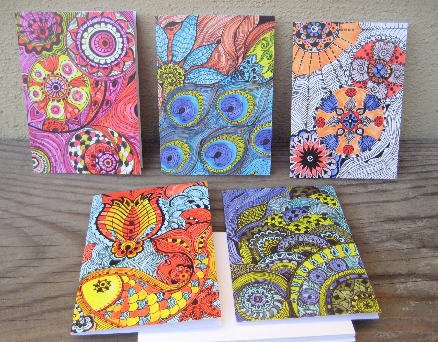 Notecards Bright Colors-Set Of 5 Cards With Artwork Envelopes Included Blank Inside 4 