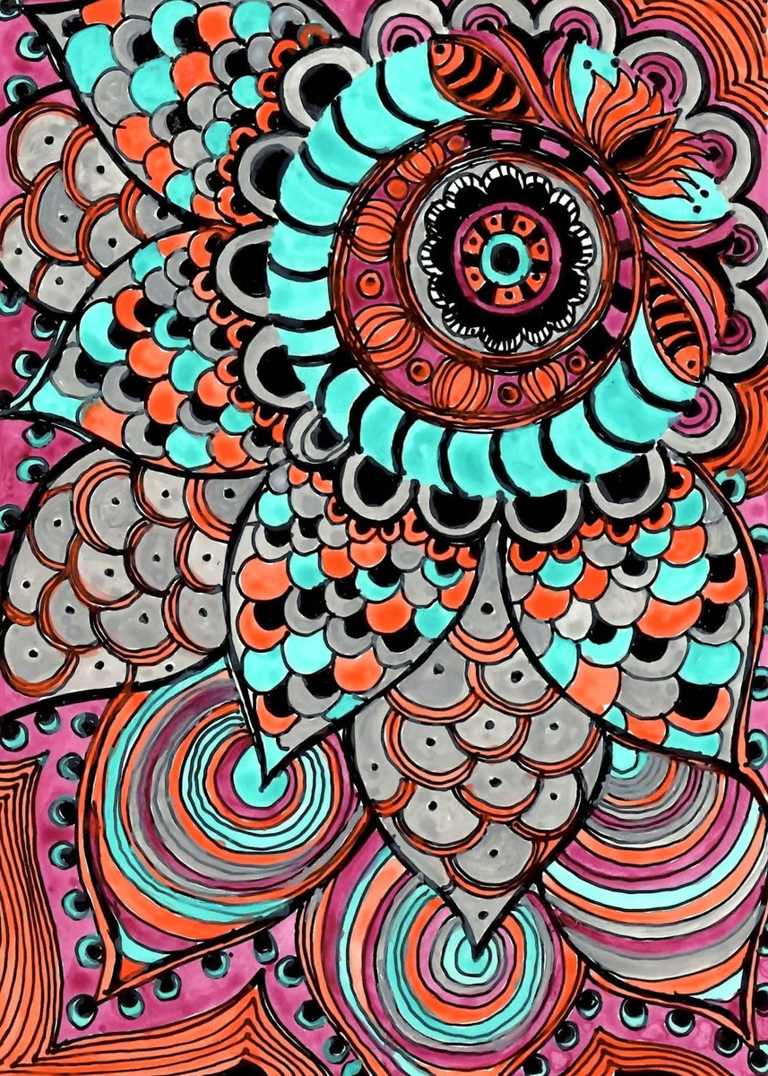 Sun Fine Art Print- Orange Magenta Blue Flower Ink And Acrylic 2 