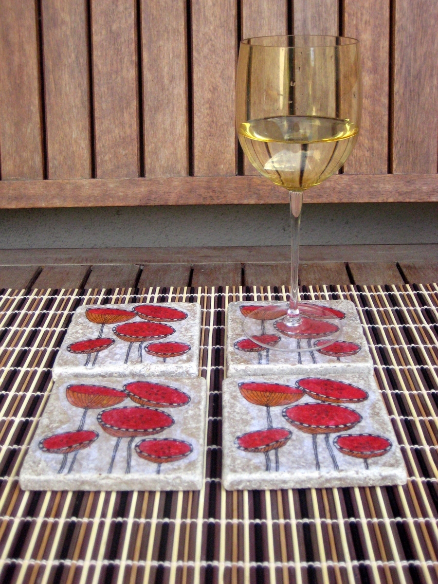 Coasters Poppy Flower Handmade With Original Artwork-Set Of 4 Red Orange 2 