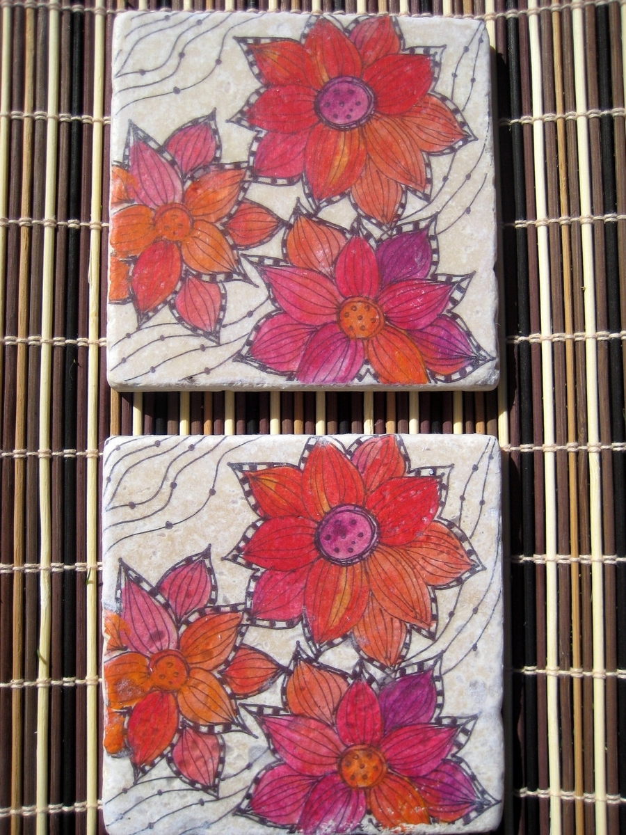Tile Coasters Handmade- Flower Coasters Red Orange With Original Artwork-Set Of 4 2 