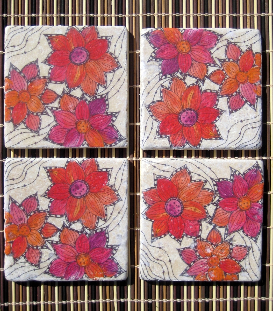 Tile Coasters Handmade- Flower Coasters Red Orange With Original Artwork-Set Of 4 3 