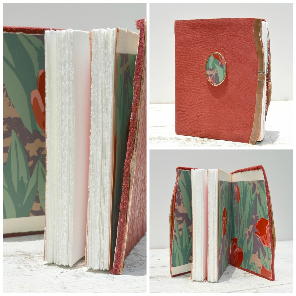 Handmade Cherry Red Leather Bound Journal Touring Diary Tulip Serigraph Art Notebook 4 