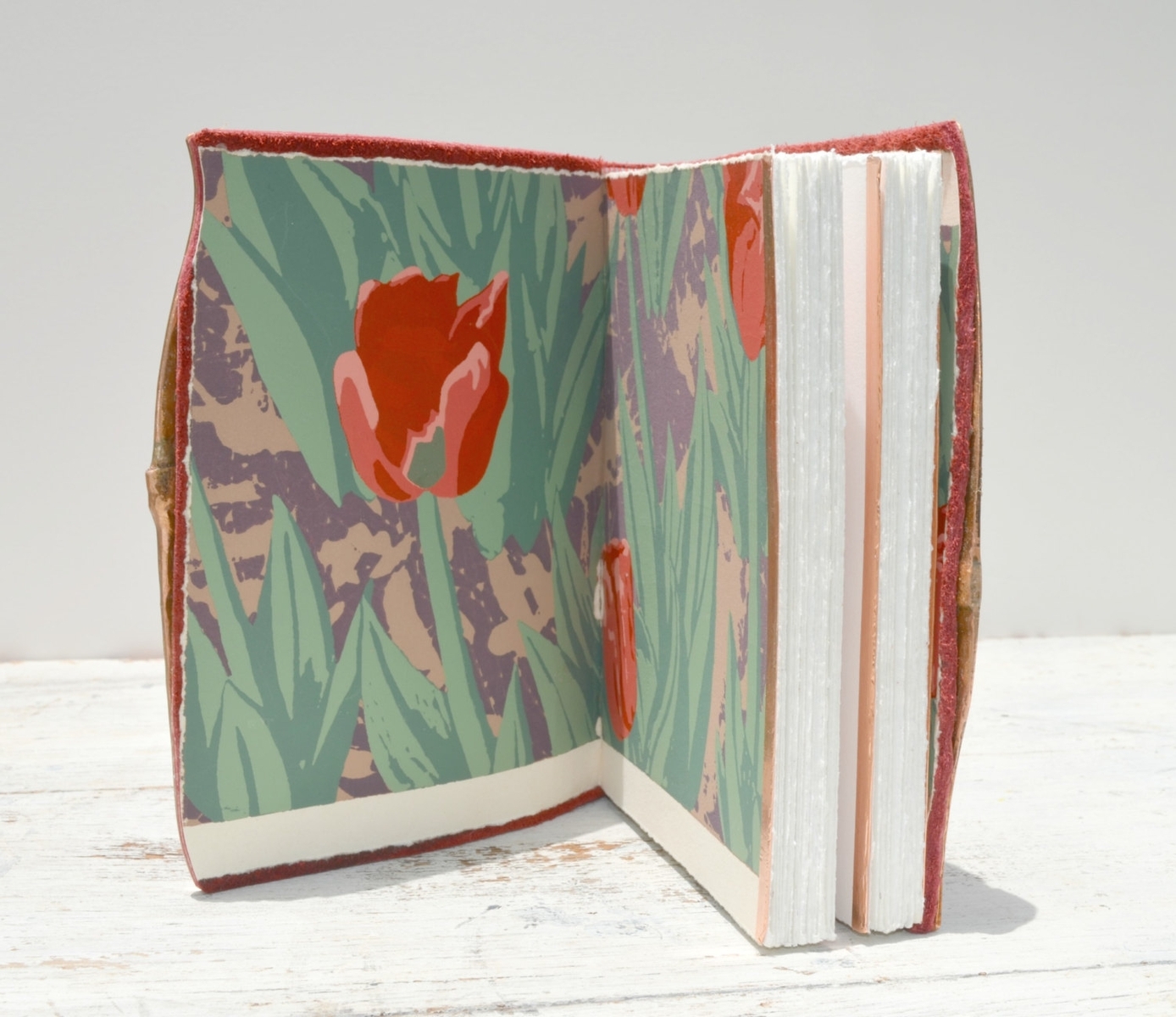 Handmade Cherry Red Leather Bound Journal Touring Diary Tulip Serigraph Art Notebook