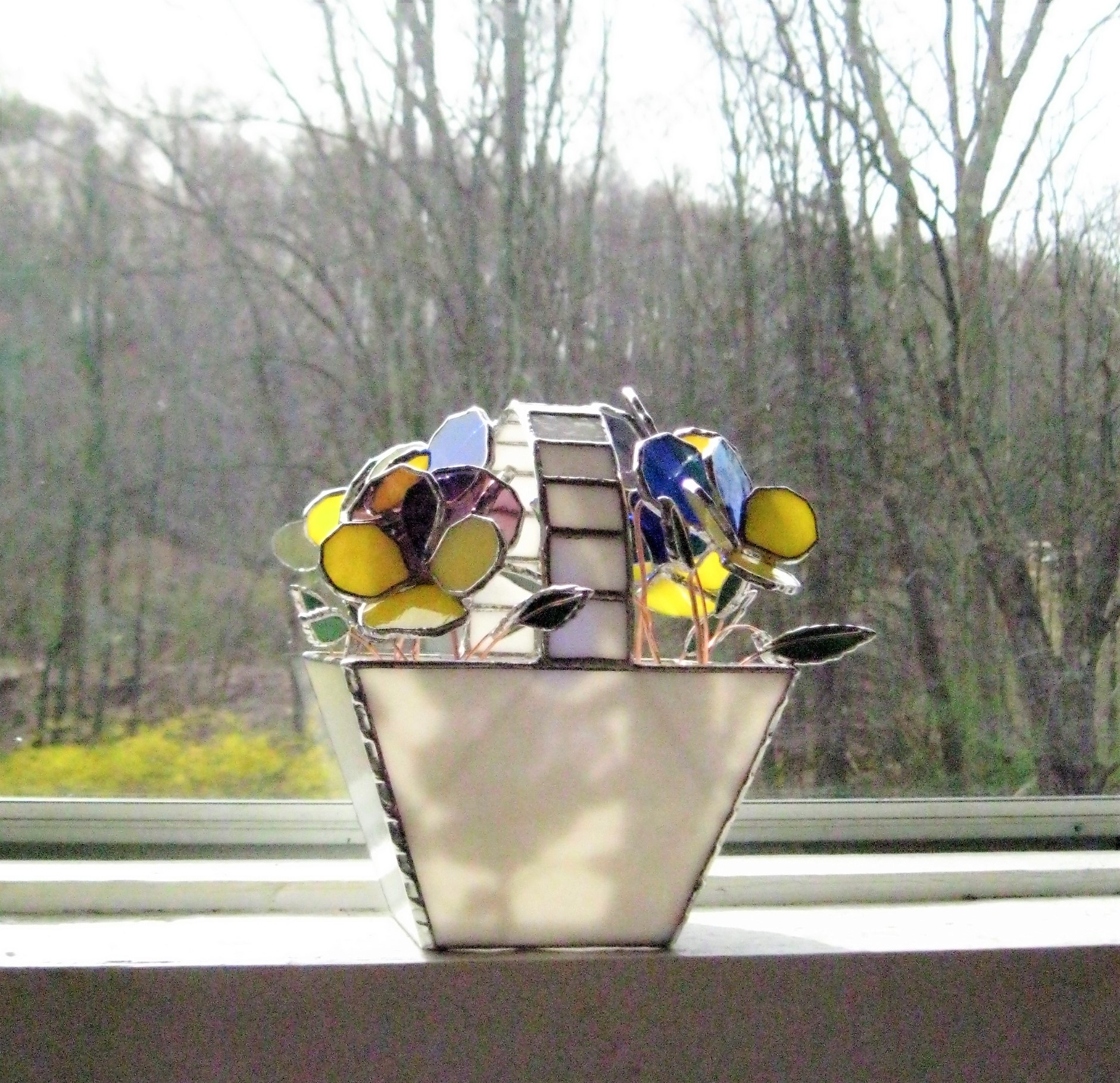 Basket Of Pansies- Stained Glass Centerpiece- Industrial Flowers- Sculpture 5 