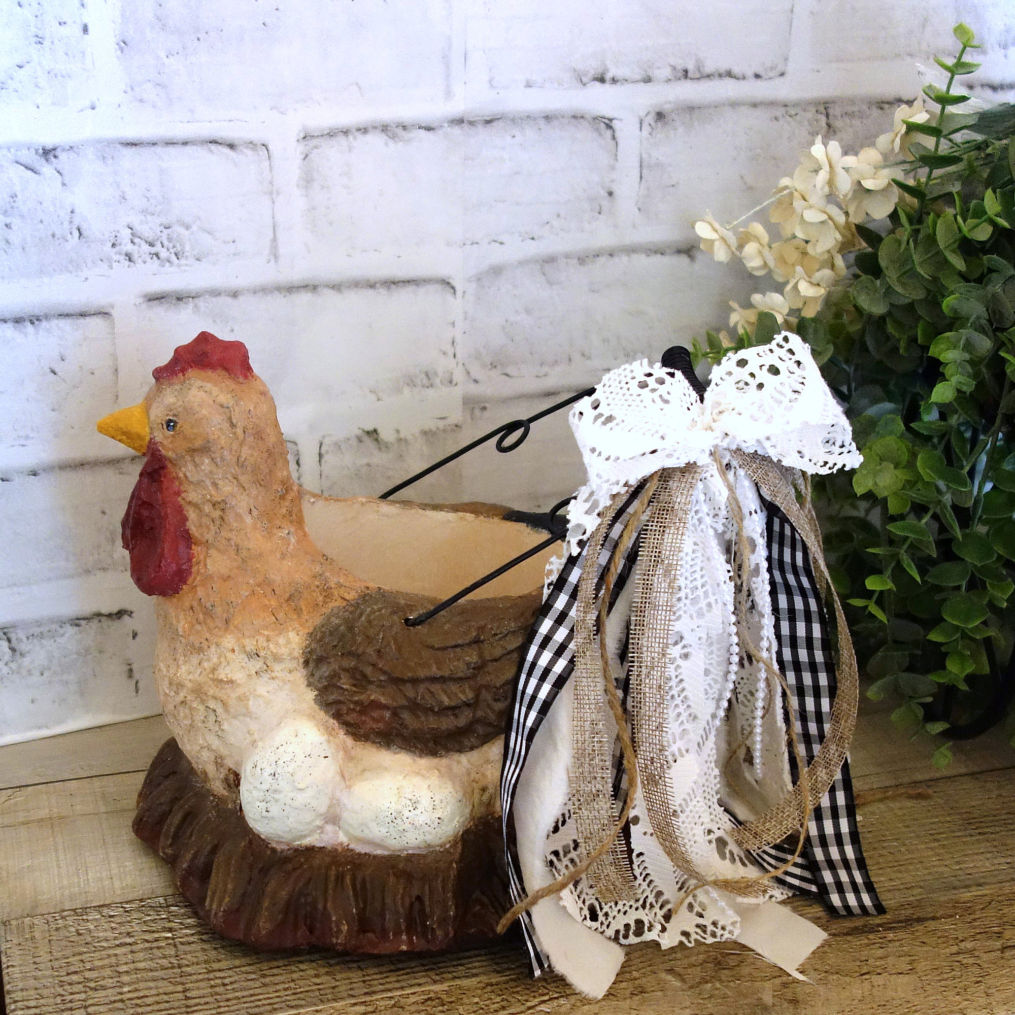 Vintage Chicken Hen Egg Basket French Country Checked Towel Caddy 2 