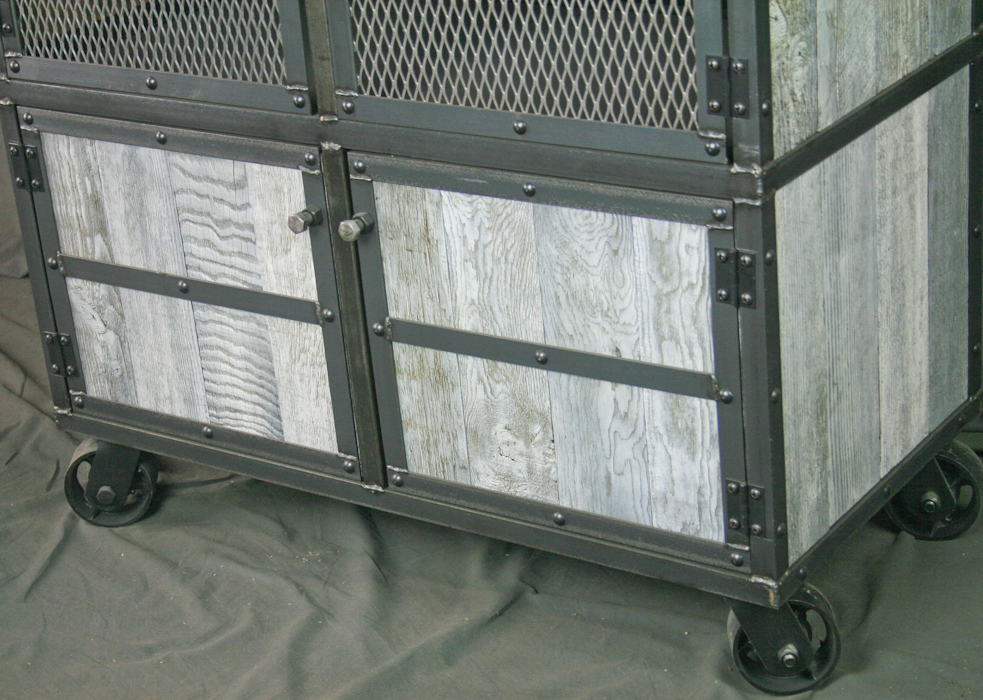 Reclaimed Wood Liquor Cabinet/Bar Cart. Steel. White Washed Wood. Vintage Industrial. 2 