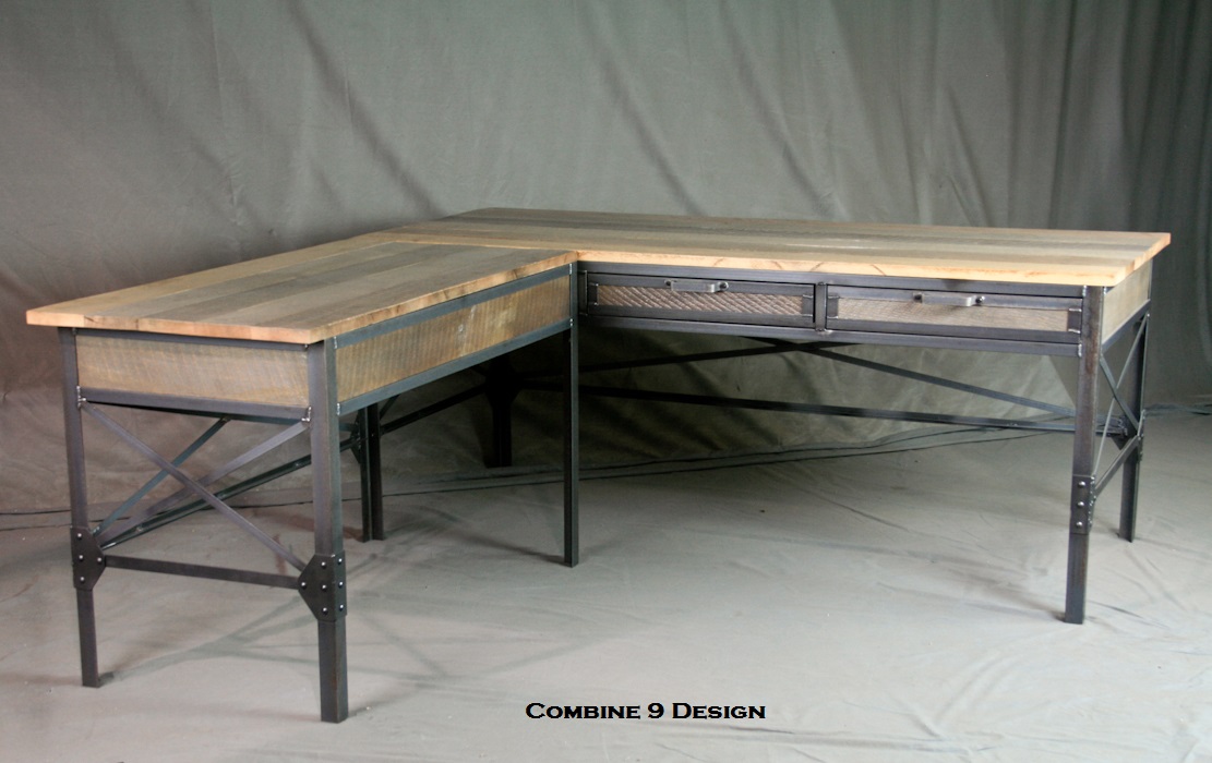 Vintage Industrial L Shaped Desk. Steel & Wood Office Furniture. Mid Century Style. Desk W/ Return. 8 