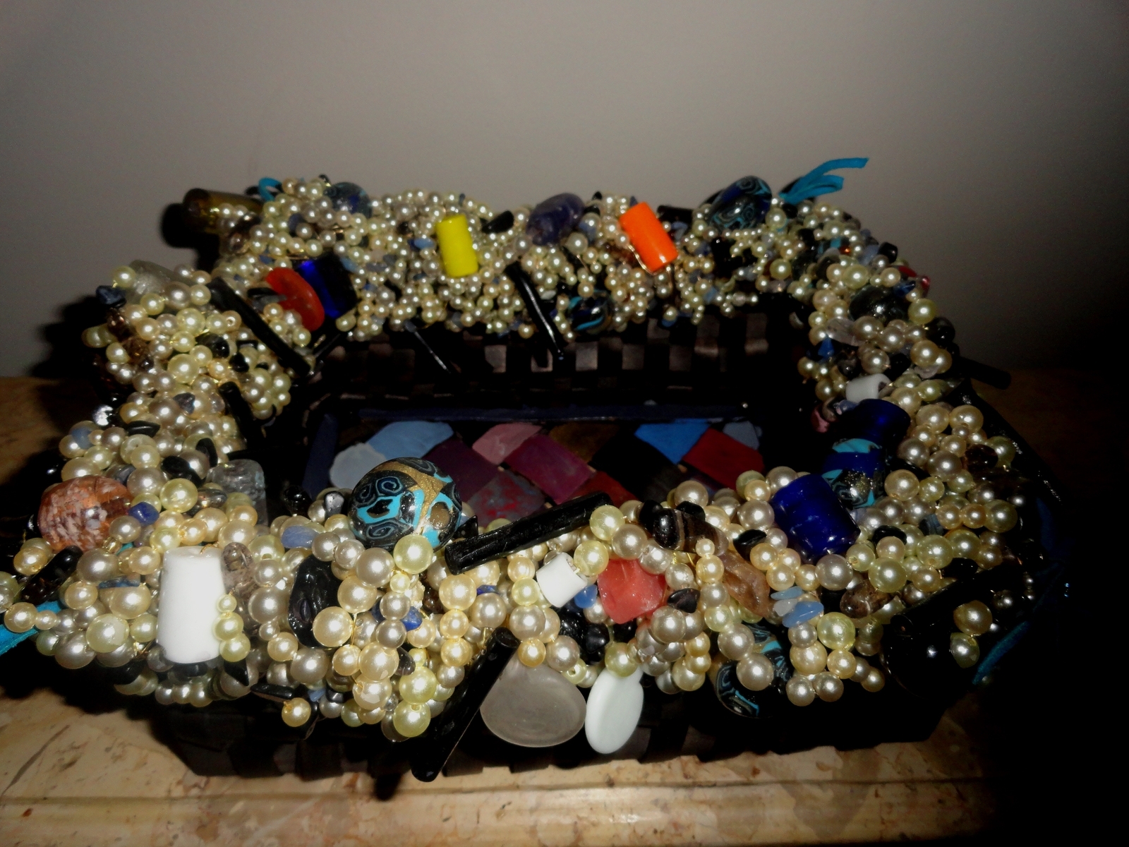 Decorative Faux Pearl, Bambo Stick Beaded Basket 2 