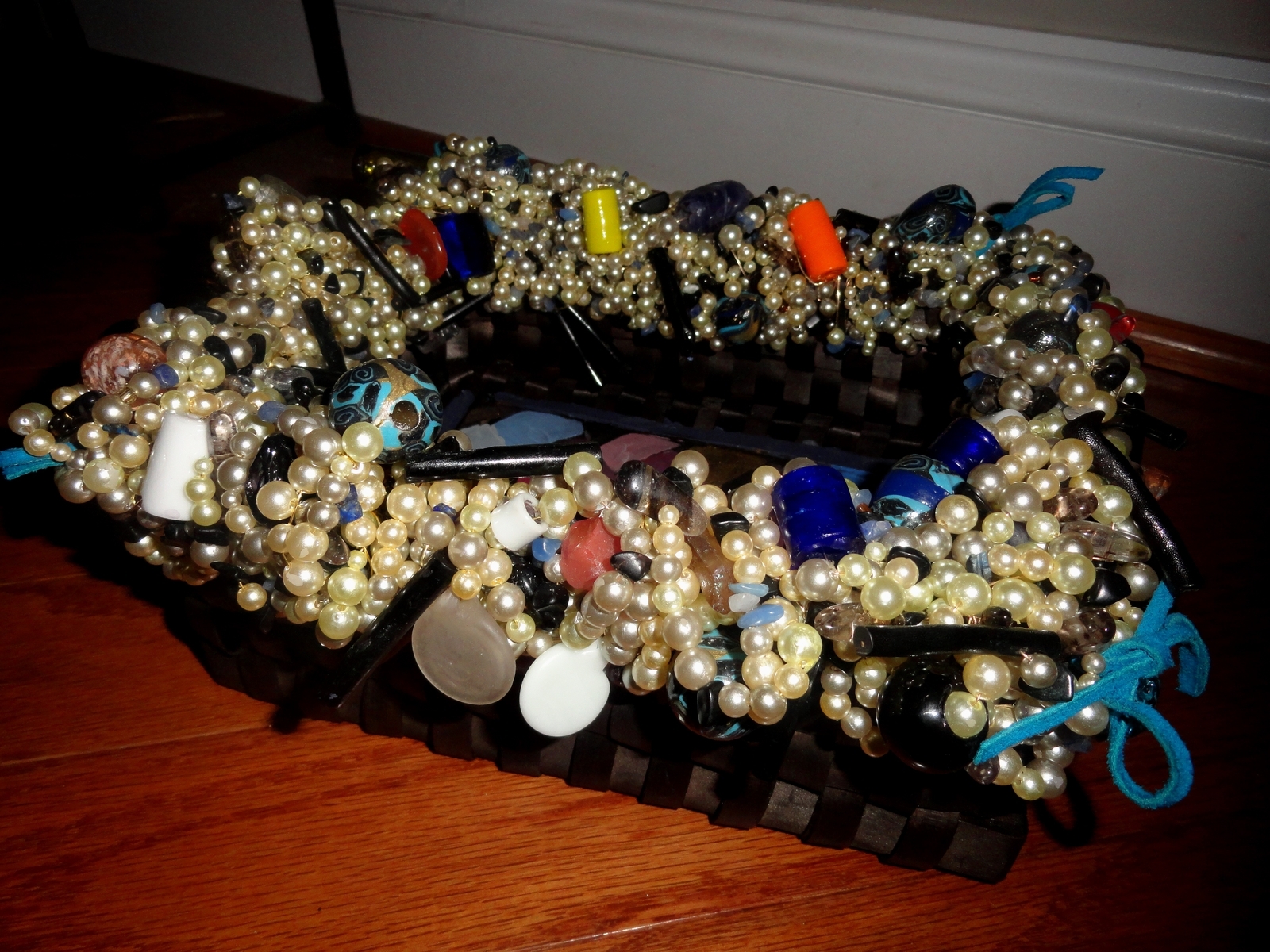 Decorative Faux Pearl, Bambo Stick Beaded Basket 3 