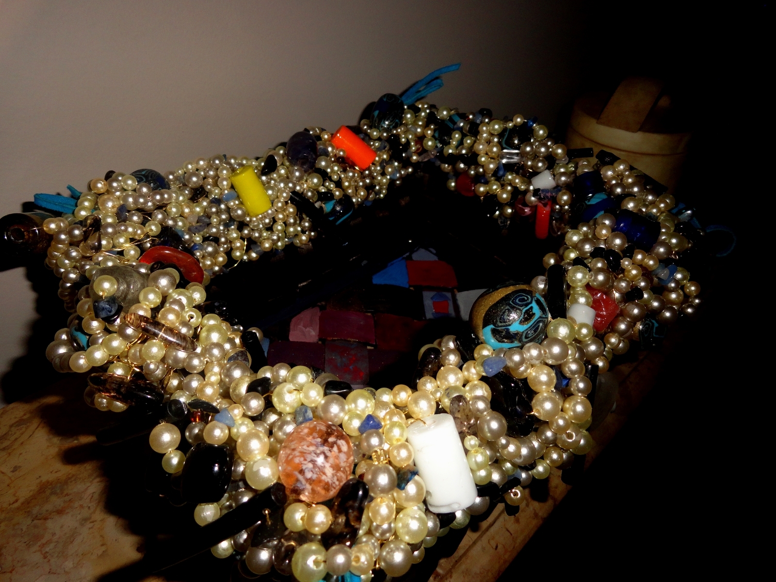 Decorative Faux Pearl, Bambo Stick Beaded Basket 5 