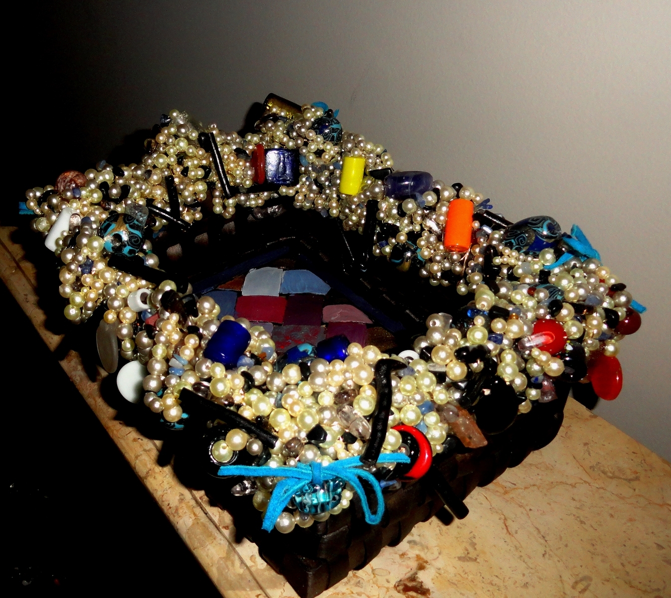 Decorative Faux Pearl, Bambo Stick Beaded Basket 6 