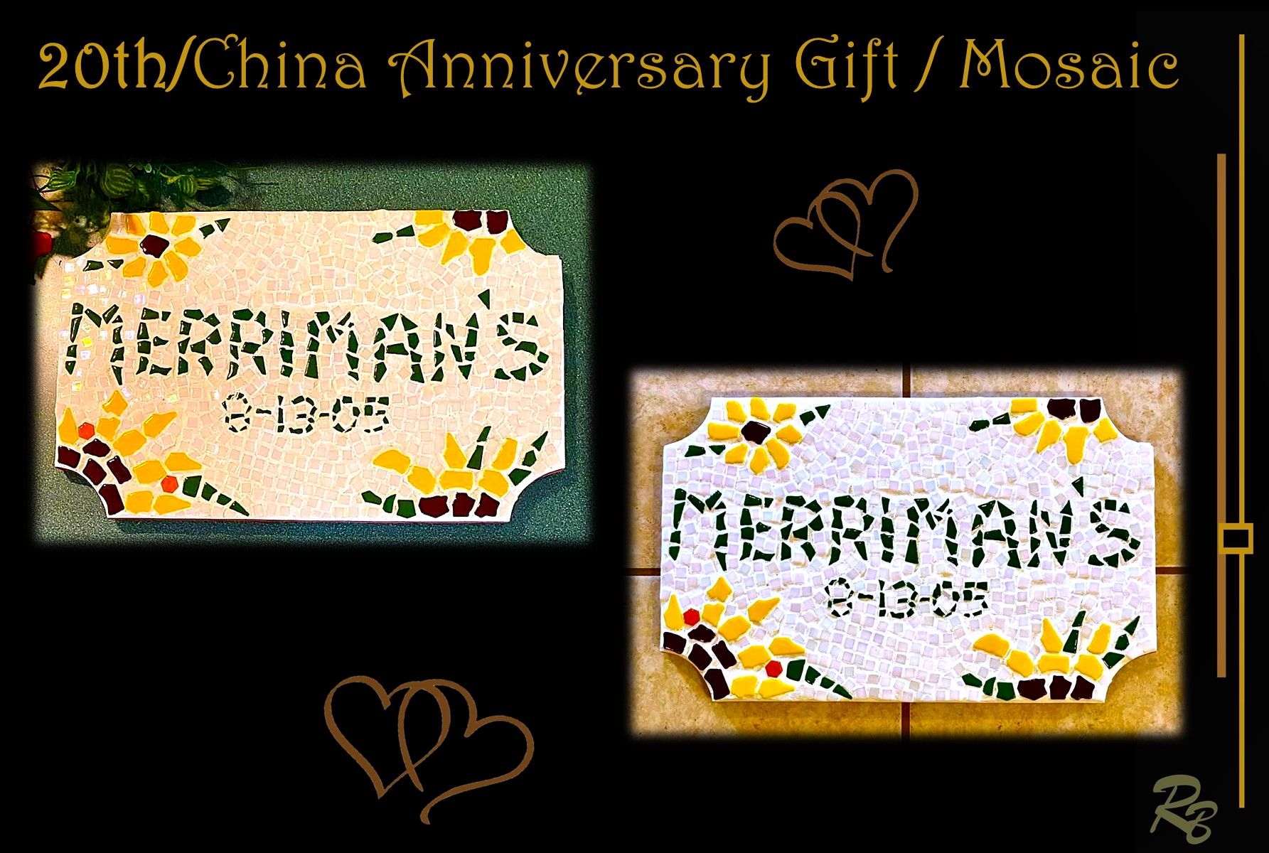 20th Anniversary gift, China Anniversary gift, Mosaic, Family name, sign, Art, Save the date, Anniversary gift ideas, Artistic Creations by Rose, hand created for you with your Name and date, Sunflowers and Art created by hand with love and care