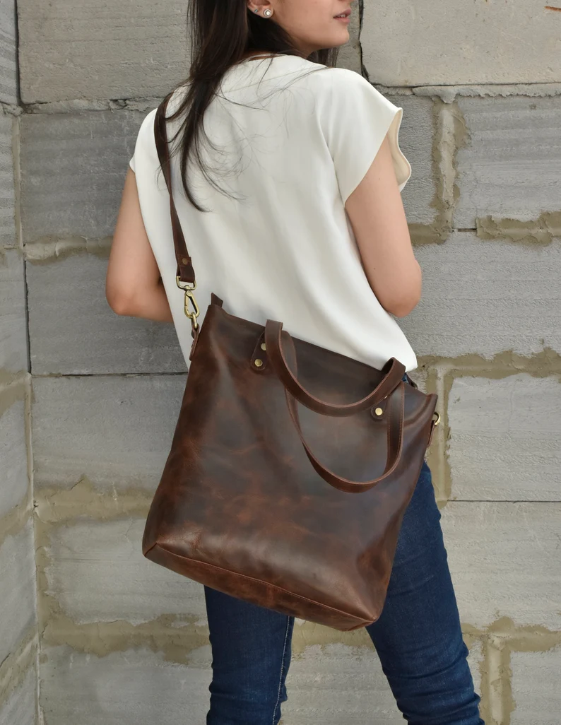Brown Leather Tote Bag For Woman Leather Purse Anniversary Gift