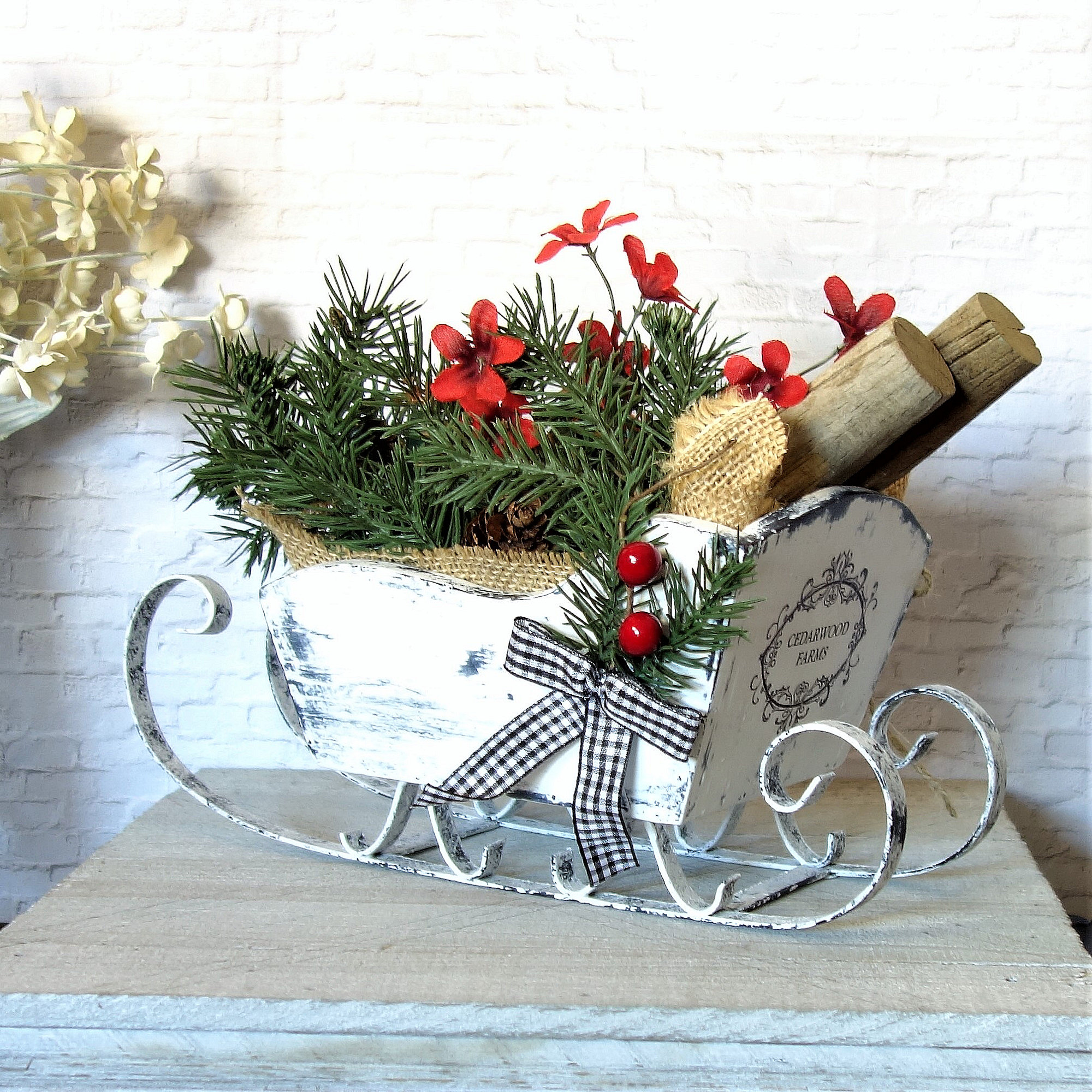 Wood Sleigh Winter Floral Arrangement Farmhouse Cabin Decor 3 