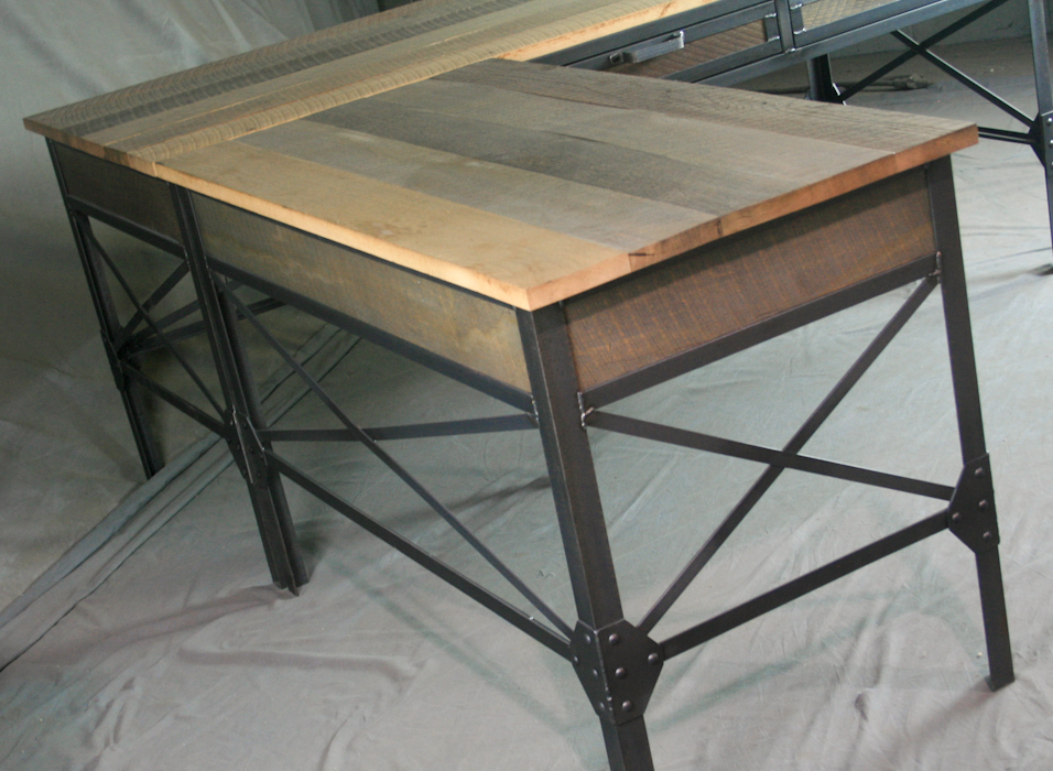 Vintage Industrial L Shaped Desk. Steel & Wood Office Furniture. Mid Century Style. Desk W/ Return. 2 