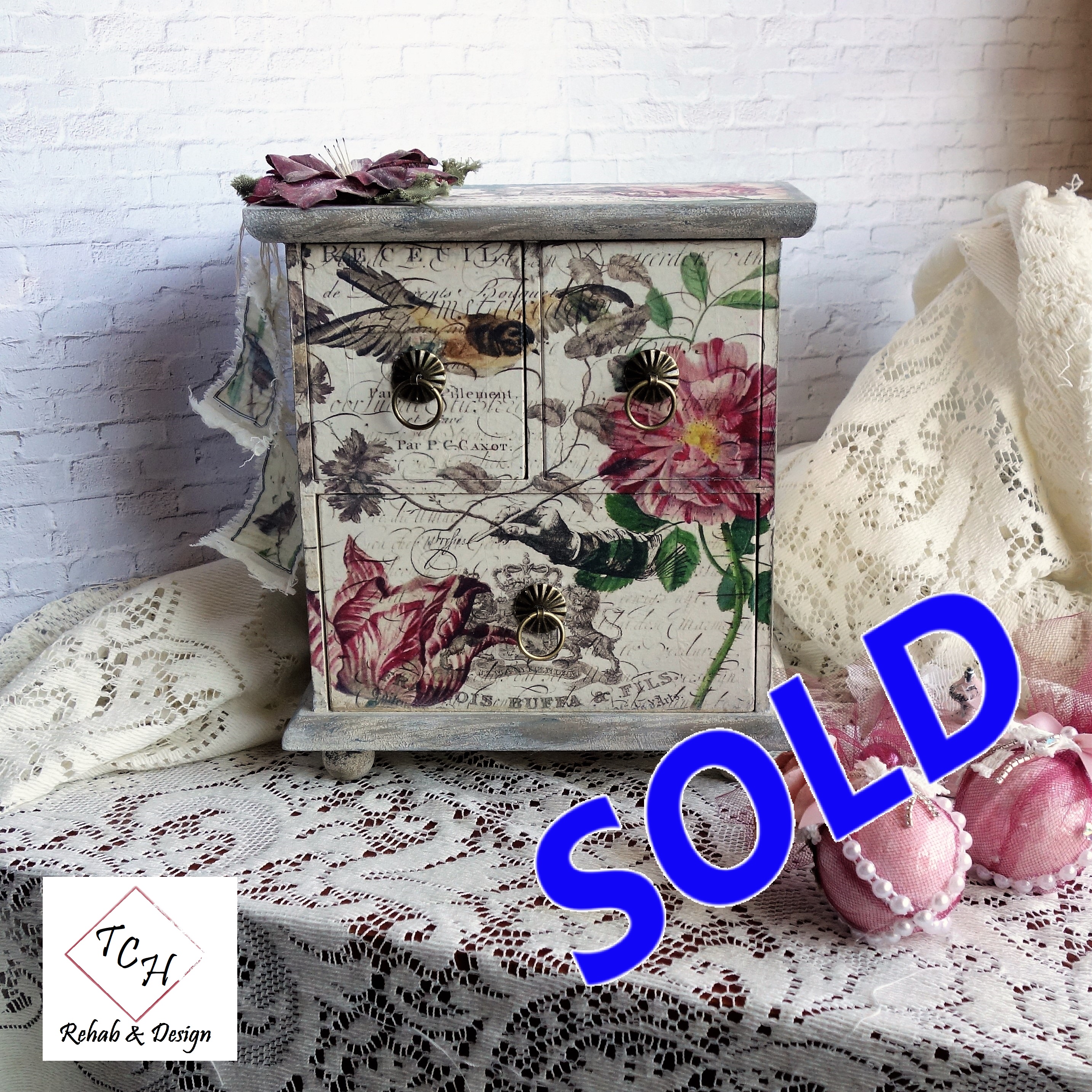 Custom Decorative Keepsake Box Tea Box Vanity Organizer Jewelry Armoire Vintage Bird Decor