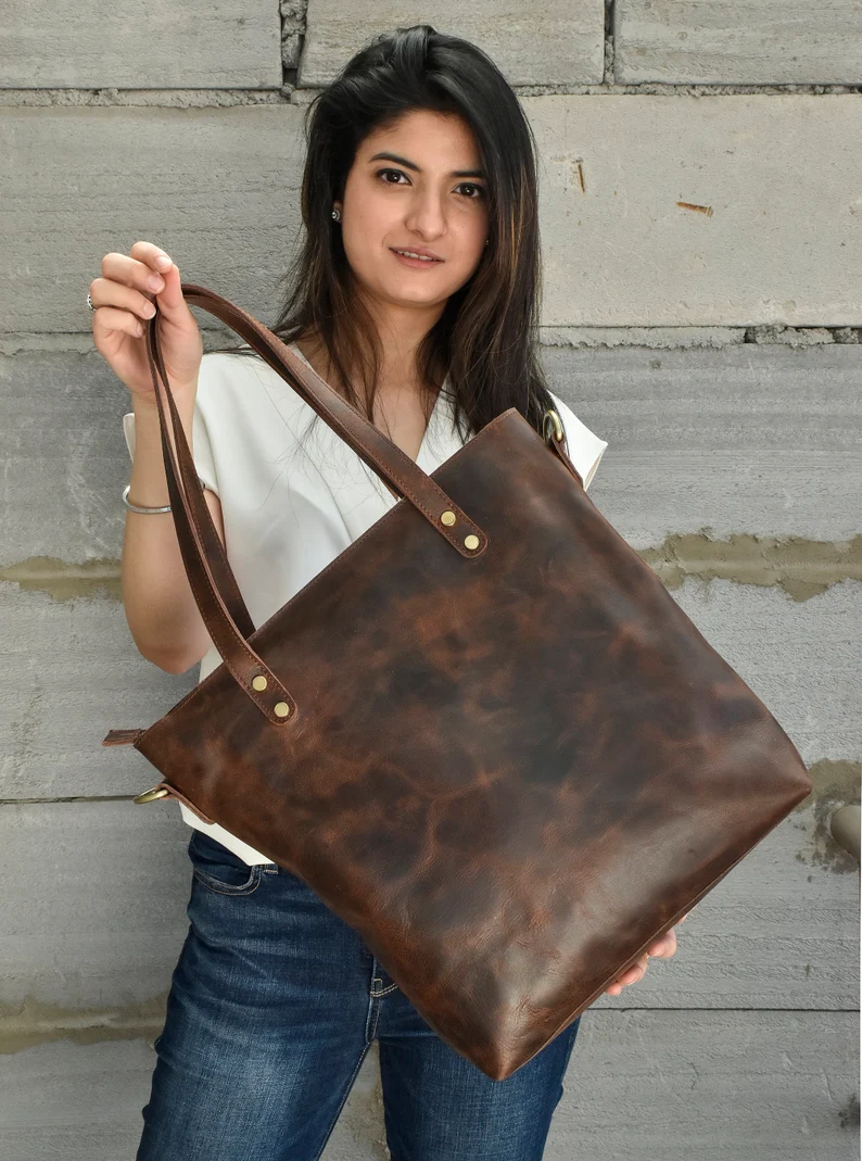 Brown Leather Tote Bag For Woman Leather Purse Anniversary Gift 3 