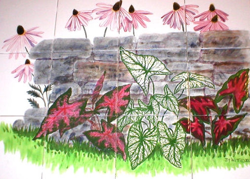 Hand Painted Tile Mural: Caladiums And Coneflowers 1 