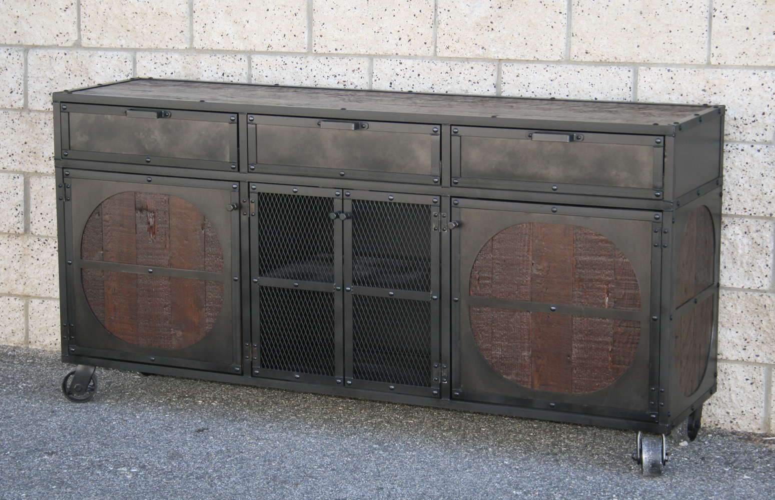 Vintage Mid Century Modern Rustic Industrial Media Console Credenza 1 