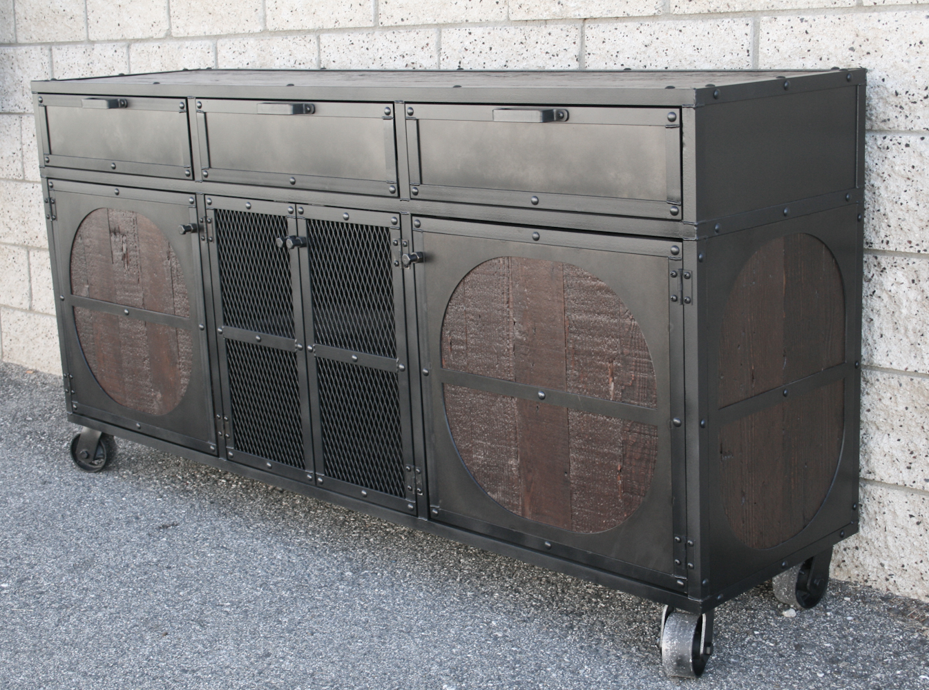 Vintage Mid Century Modern Rustic Industrial Media Console Credenza 2 