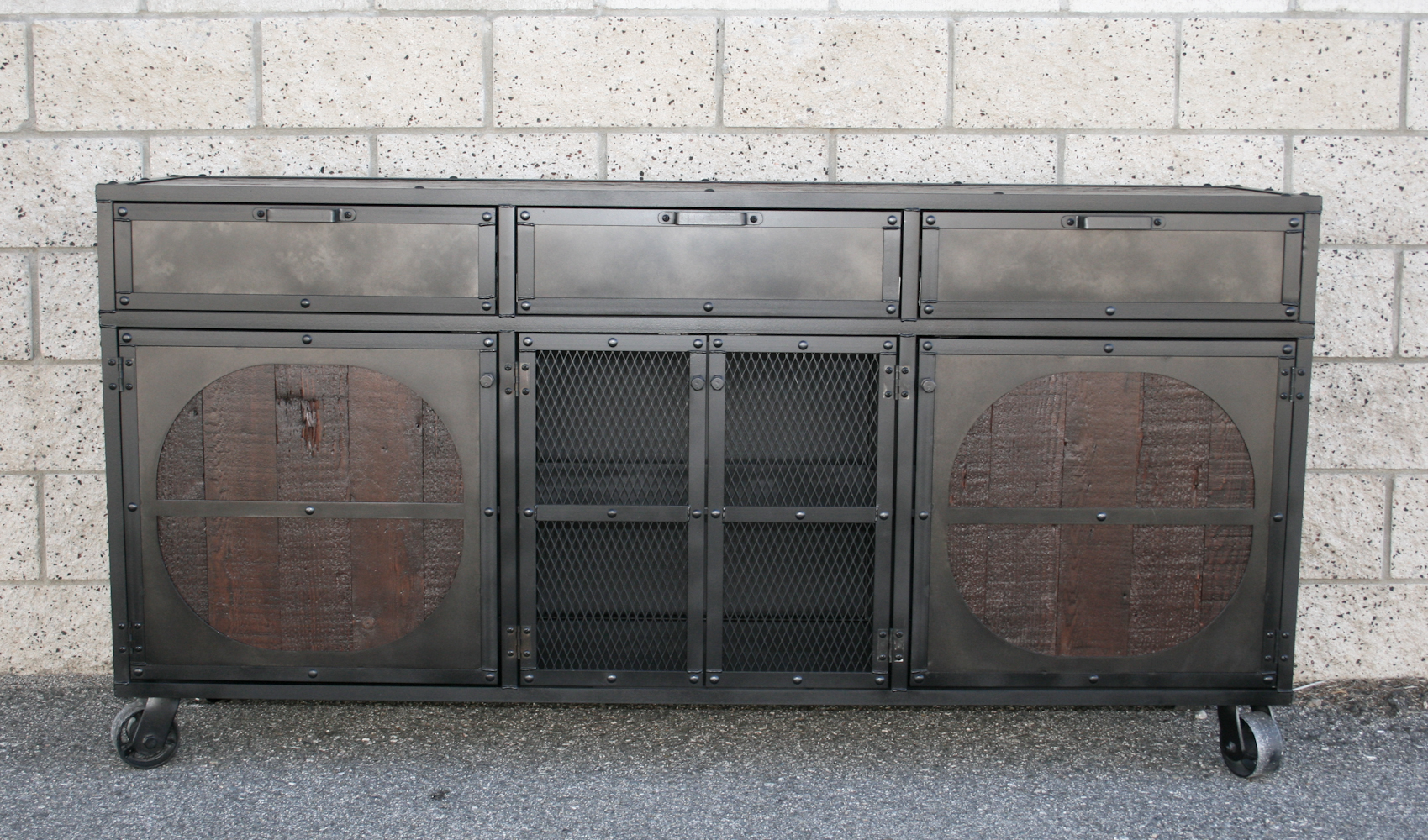 Vintage Mid Century Modern Rustic Industrial Media Console Credenza 4 