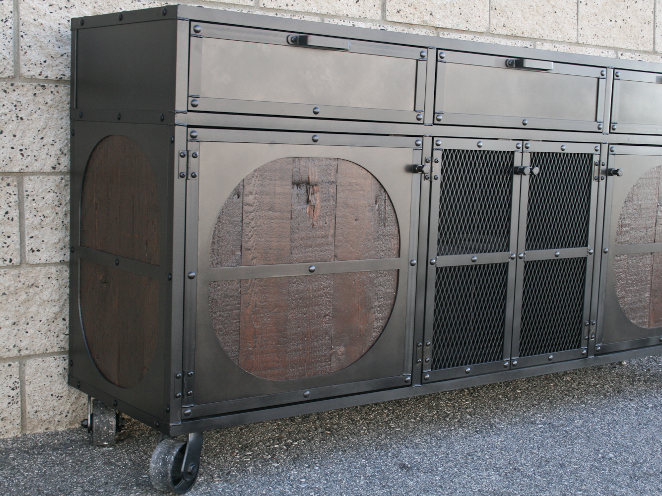 Vintage Mid Century Modern Rustic Industrial Media Console Credenza 5 