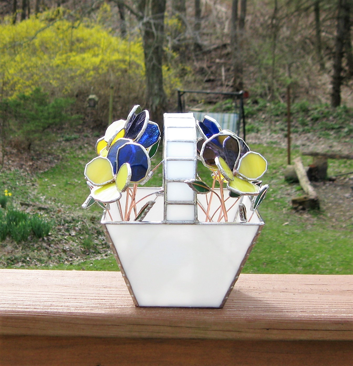Basket Of Pansies- Stained Glass Centerpiece- Industrial Flowers- Sculpture 4 