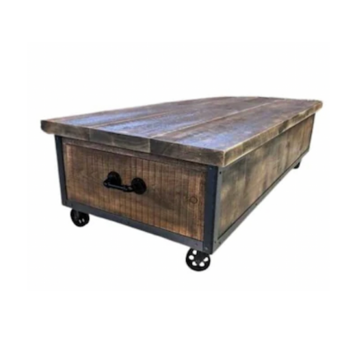Large, Long, Rustic Industrial Barn Board Coffee / Cocktail Table W/ Drawers On Cast Iron Casters