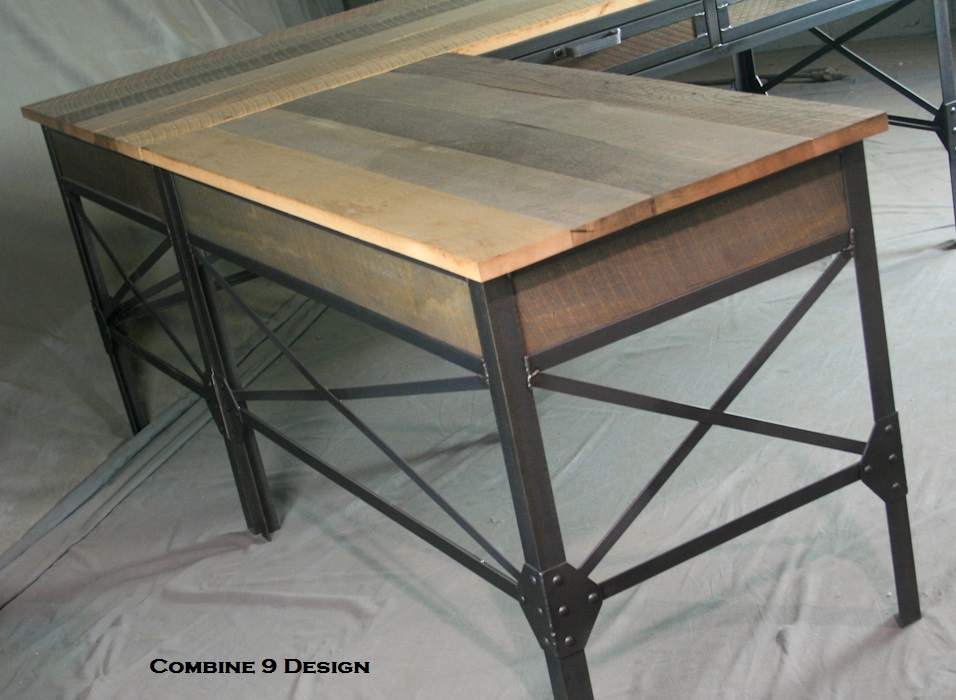 Vintage Industrial L Shaped Desk. Steel & Wood Office Furniture. Mid Century Style. Desk W/ Return. 3 