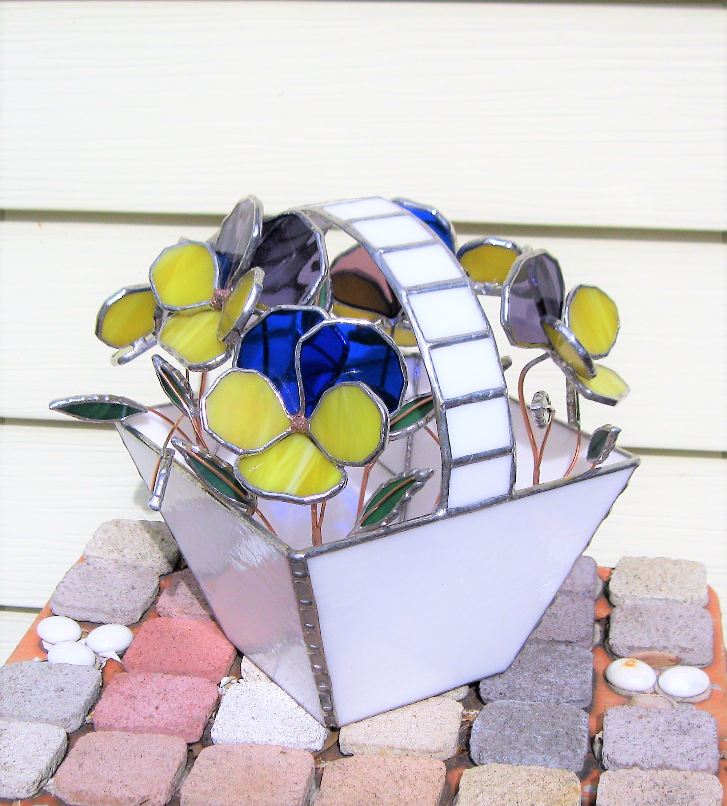 Basket Of Pansies- Stained Glass Centerpiece- Industrial Flowers- Sculpture 6 