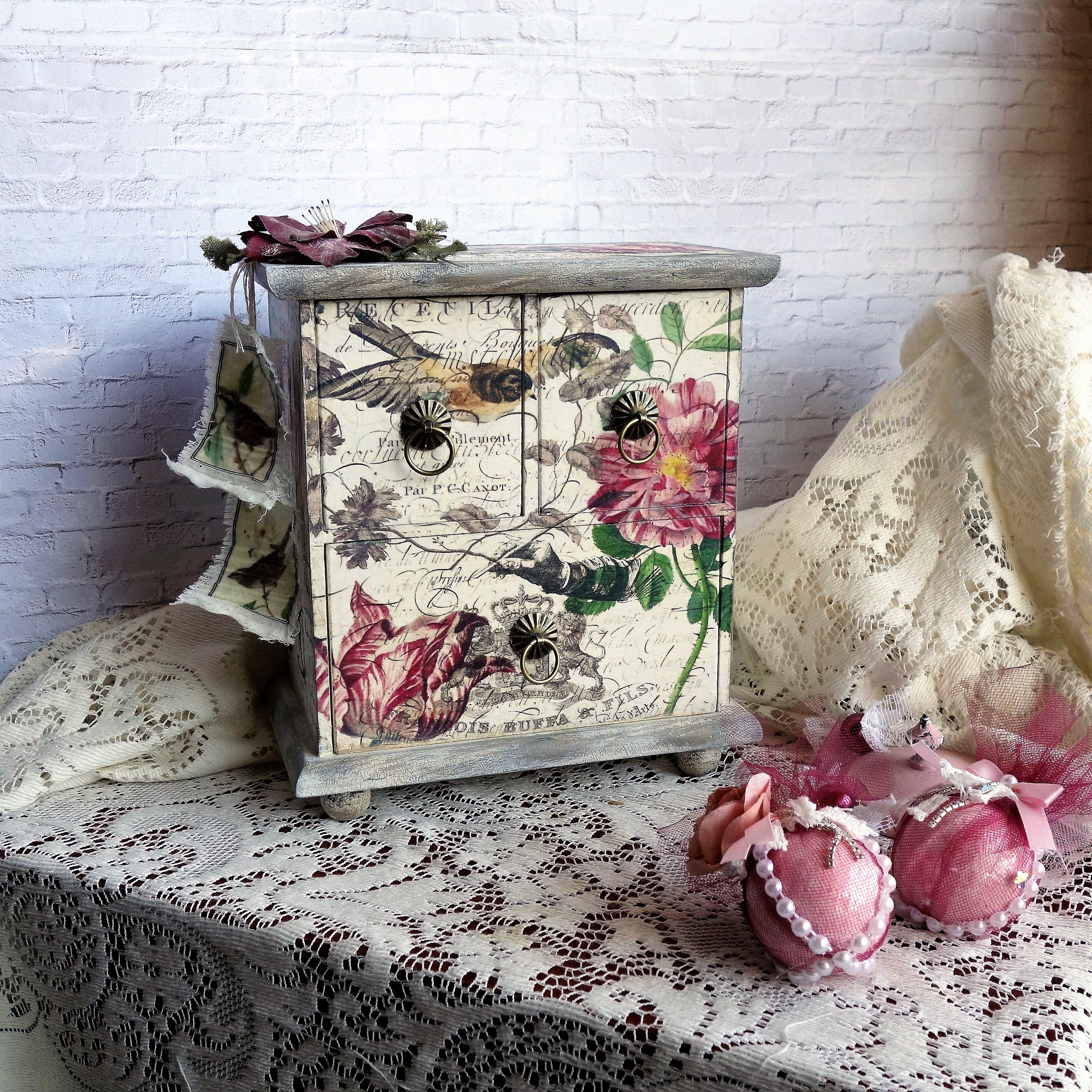 Custom Decorative Keepsake Box Tea Box Vanity Organizer Jewelry Armoire Vintage Bird Decor 6 
