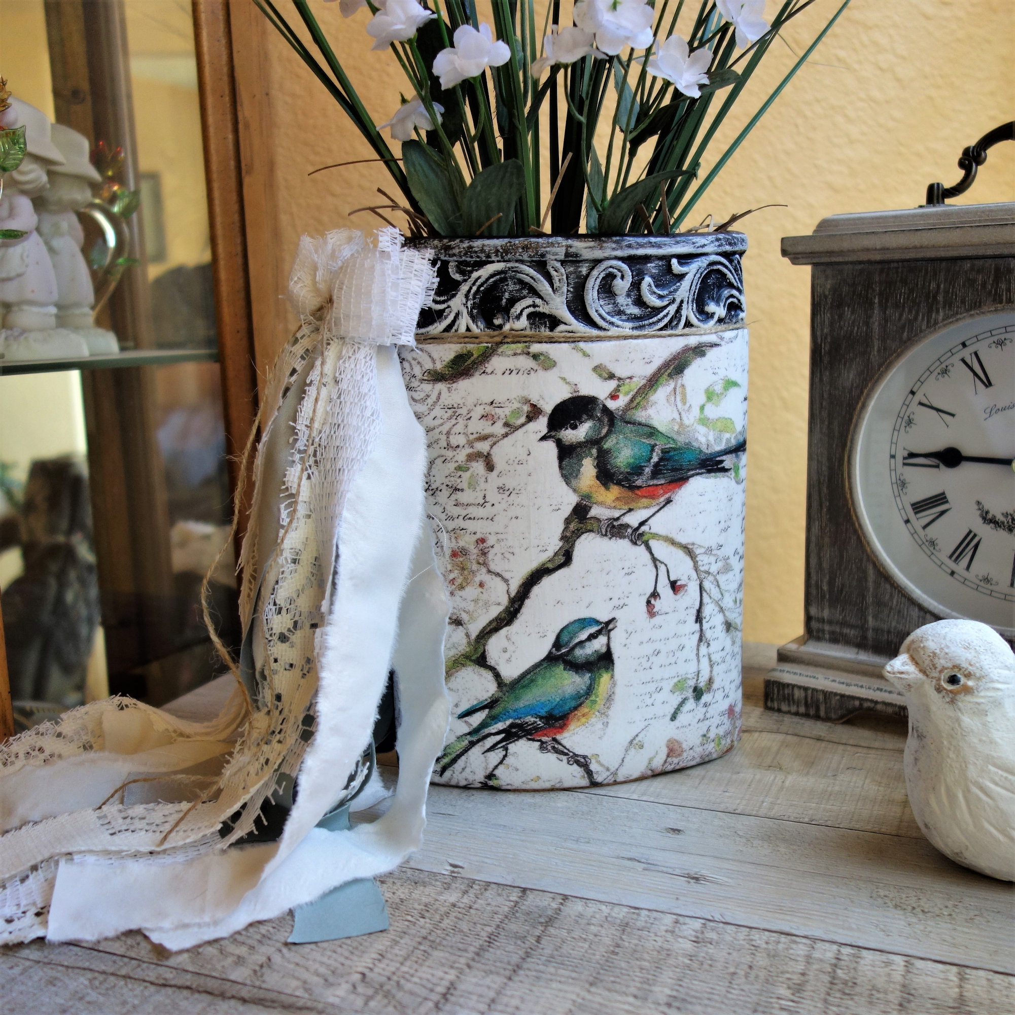 Blue Bird Songbirds Vintage Clay Vase With Wildflowers 2 