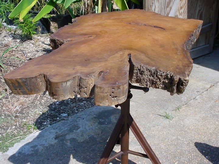 Sold Cypress Slab Top Indusrtial Style Metal Pedestal Table