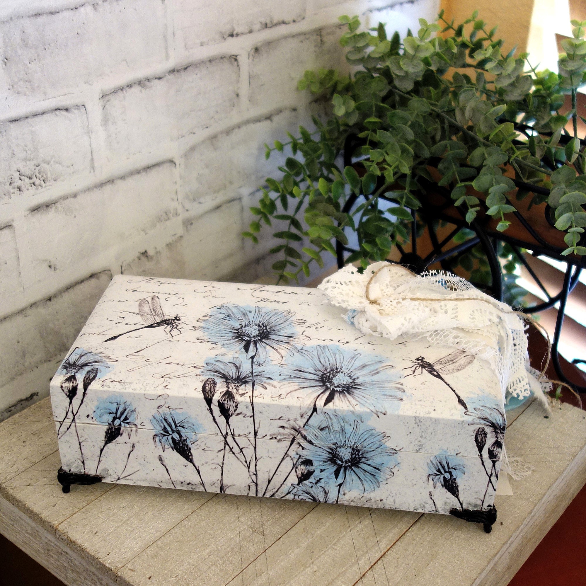 Jewelry Storage Box Vintage Dragonfly Watercolor Blue