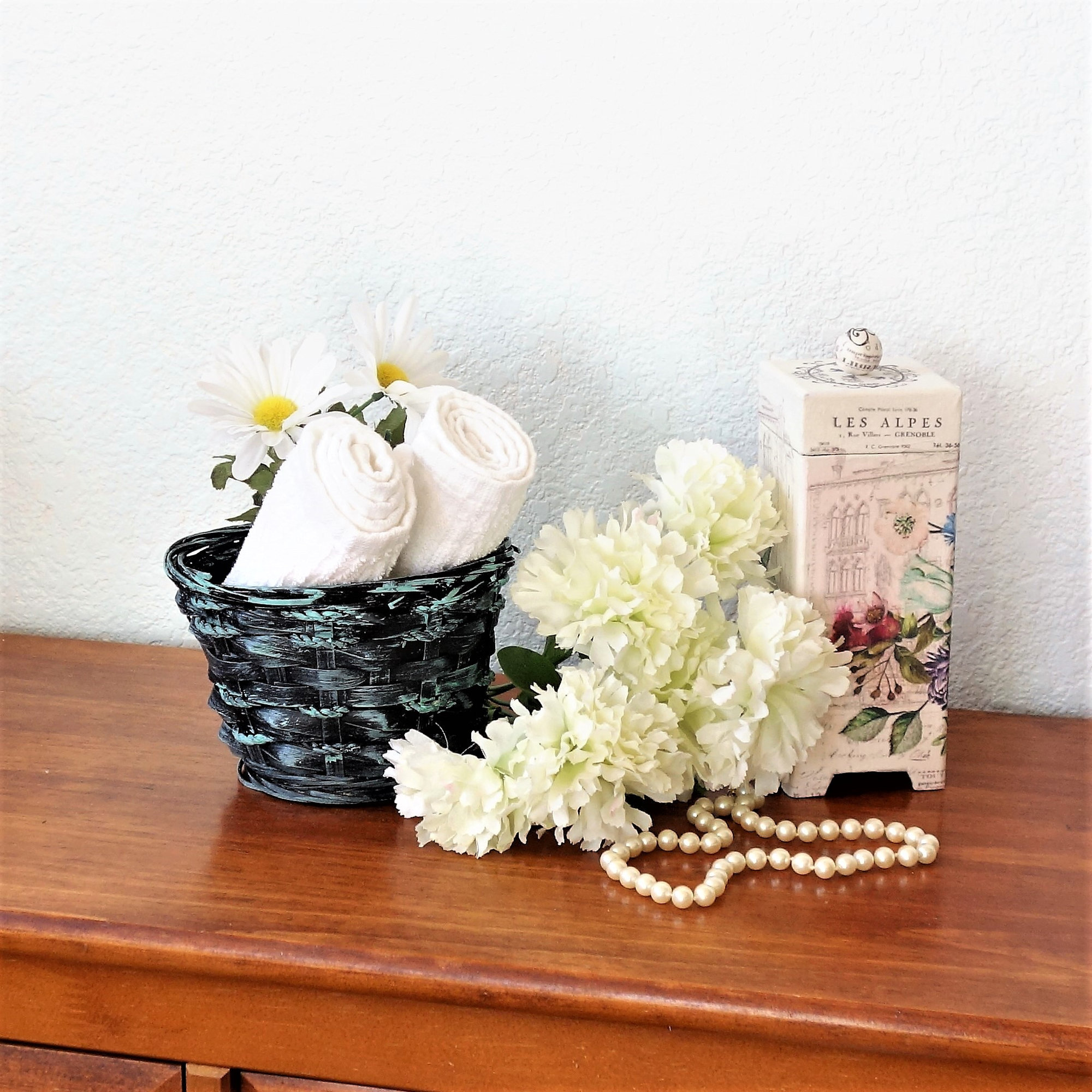Basket Black And Teal Rope Wrapped Basket With White Carnations 5 