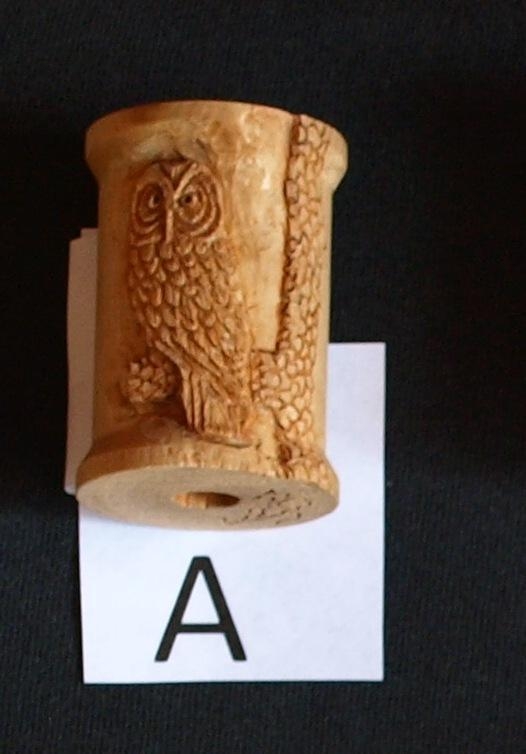 Minature Relief Carving Of An Owl On Thread Spool